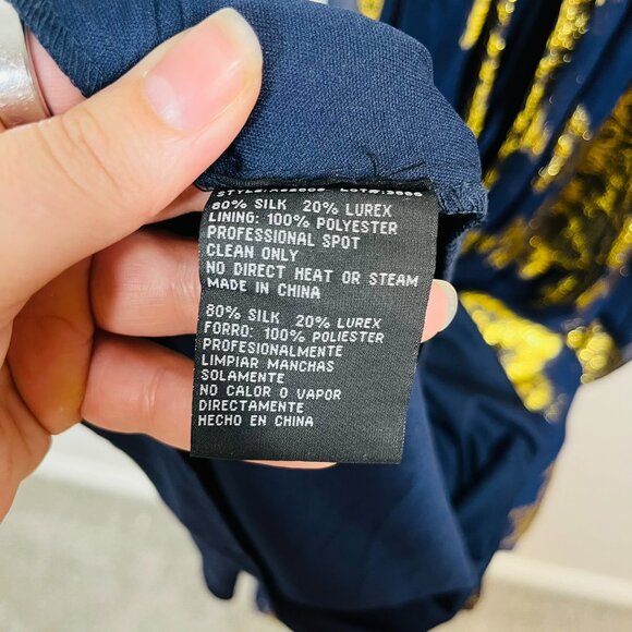 Xscape Silk Navy Blue and Gold Metallic Maxi Evening Gown - Picture 9 of 12